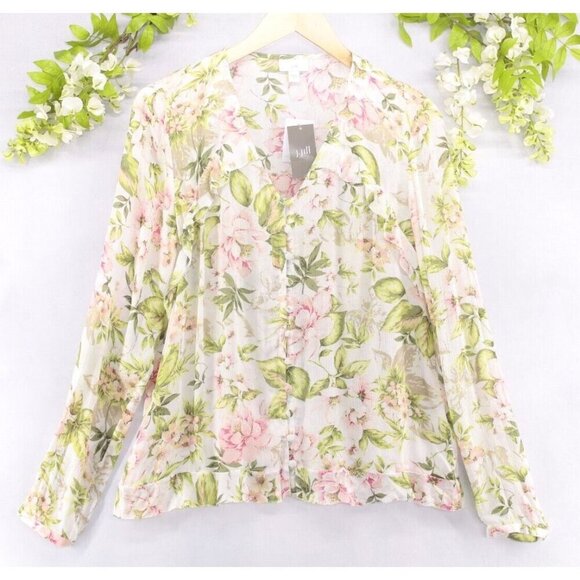 J. Jill Women's Long Sleeve Floral Ruffle Trimmed Button Front Blouse Sz S NWT - Picture 1 of 6
